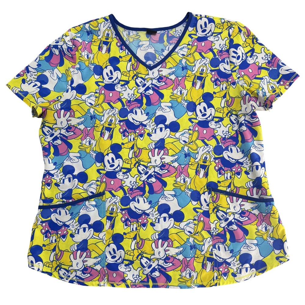 Disney Scrub Top Womens‎ Extra Large Yellow V-Neck Nursing Mickey Minnie Donald